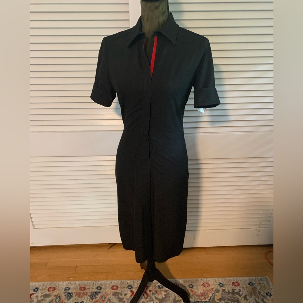 SALE!Tahari Black short sleeved dress w/red Velcro front & red details. Cute!